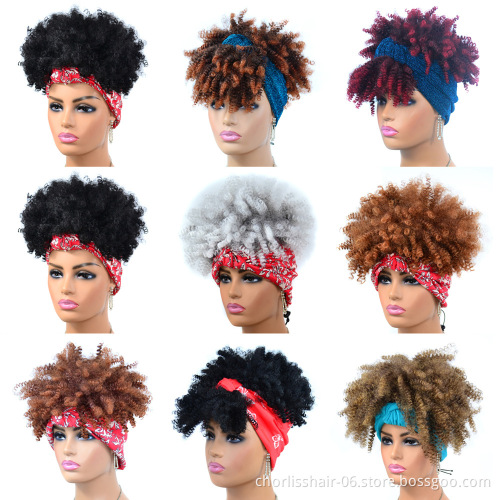 Wholesale Ombre Cheap Turban Afro Wig Afro Wig Short Heat Resistant Fluffy Synthetic Wig With Headband Attached For Women